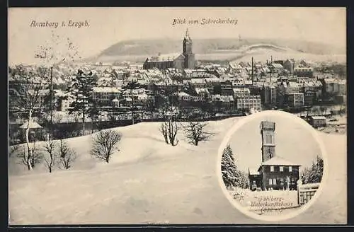 AK Annaberg / Erzg., Ortspanorama mit Schreckenberg, Pöhlberg-Unterkunftshaus