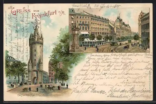 Lithographie Frankfurt a / M., Eschenheimer-Turm, Zeil mit Post