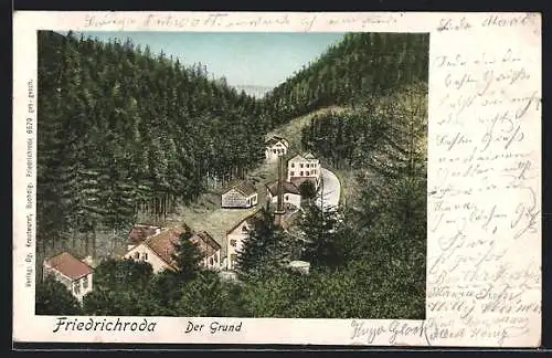 Goldfenster-AK Friedrichroda, Der Grund, Häuser mit leuchtenden Fenstern