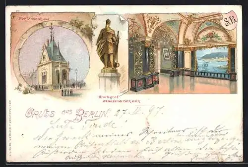 Lithographie Berlin, Schleusenhaus, Mühlendamm, Innenansicht, Markgraf Albrecht der Bär