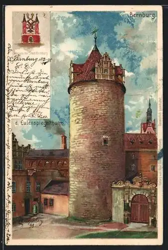 Lithographie Bernburg, Eulenspiegelthurm, Wappen
