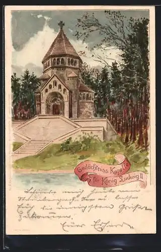 Lithographie Berg, Gedächtnis-Kapelle für König Ludwig II., Schloss Berg am Starnberger See