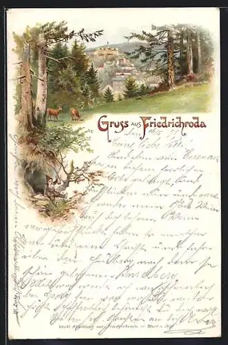 Lithographie Friedrichroda, Ortsansicht vom bewaldeten Hügel mit Rehen aus