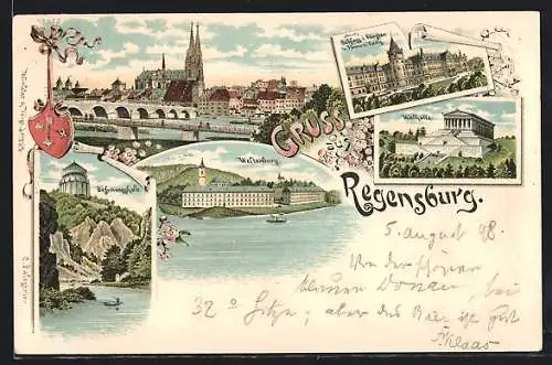 Lithographie Regensburg, Walhalla, Westenburg, Befreiungshalle
