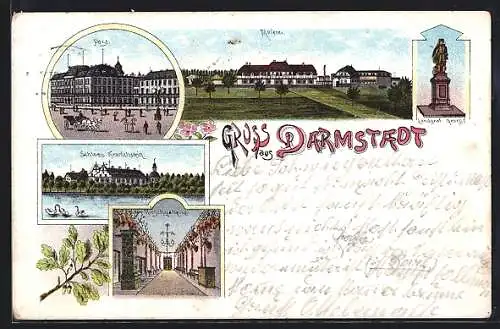 Lithographie Darmstadt, Meierei, Post, Landgraf und Schloss Kranichstein