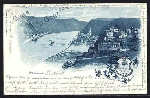 Lithographie St. Goar, Panorama, Wappen