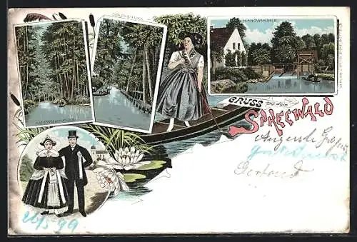 Lithographie Neu Zauche, Gasthaus Spreewald, Frau in Tracht auf Boot