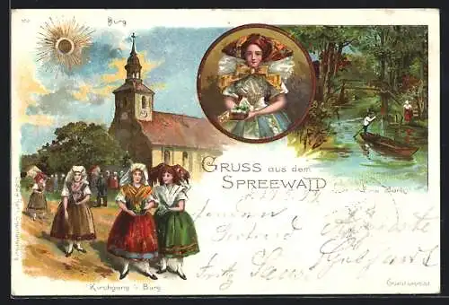 Lithographie Burg /Spreewald, Kirchgang, Eine Bank, Frau in Tracht