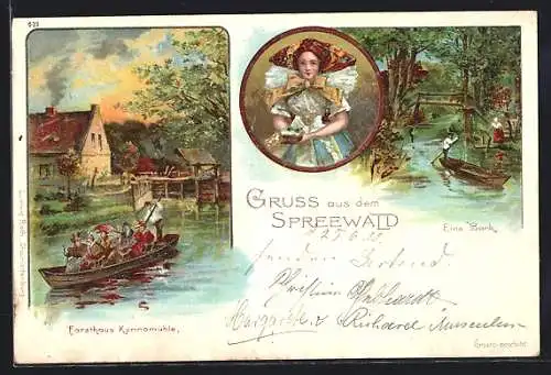 Lithographie Neu Zauche / Spreewald, Forsthaus Kannomühle, eine Bank, Gondelfahrt und Fräulein in Tracht