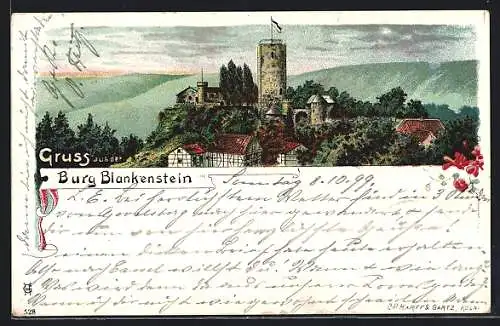 Lithographie Blankenstein / Witten, Hotel-Restaurant Burg Blankenstein vom Stein jr.