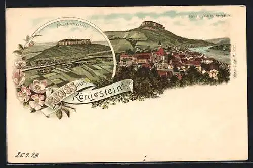 Lithographie Königstein a. E., Teilansicht mit Festung Königstein
