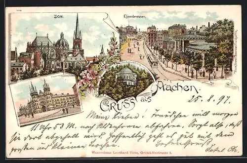 Lithographie Aachen, Dom, Kasernen, Elisenbrunnen mit Strassenbahn
