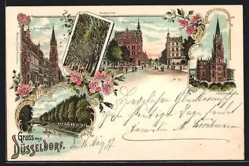 Lithographie Düsseldorf, Elberfelder Strasse, Blumenstrasse, Johanniskirche