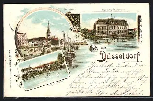 Lithographie Düsseldorf, Provinzial-Ständehaus, Rhein-Werft, Der grosse Teich