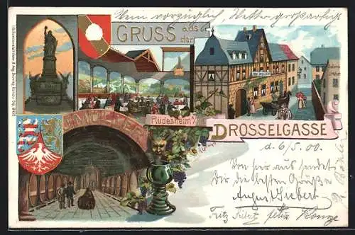 Lithographie Rüdesheim am Rhein, Gasthaus J. Müller, Drosselgasse