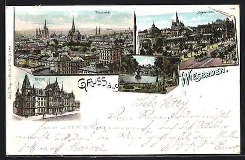 Lithographie Wiesbaden, Kochbrunnen mit Strassenbahn, Rathaus, Ortspartie