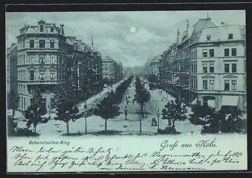 Mondschein-AK Köln-Neustadt, Strasse Hohenstaufen-Ring mit Passanten