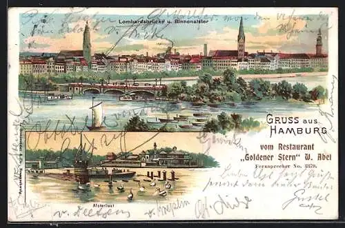 Lithographie Hamburg, Gasthaus Alsterlust, Lombardsbrücke und Binnenalster