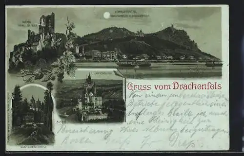Mondschein-Lithographie Königswinter, Drachenburg und Drachenfels, Zahnradbahn, Ruine Drachenfels