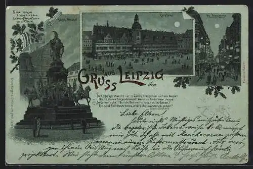 Mondschein-Lithographie Leipzig, Petersstrasse während der Messe, Rathaus, Sieges-Denkmal