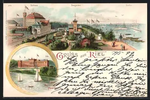 Lithographie Kiel, Schloss, Hafen, Seegarten, Marine-Akademie, Dampfer