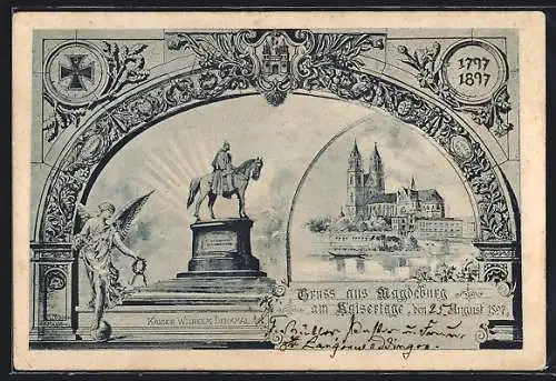 Lithographie Magdeburg, Ortsansicht mit Kaiser Wilhelm Denkmal