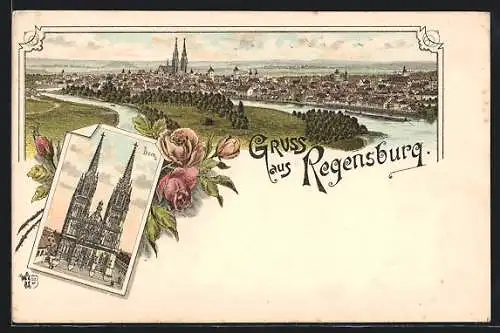 Lithographie Regensburg, Totalansicht & Domblick