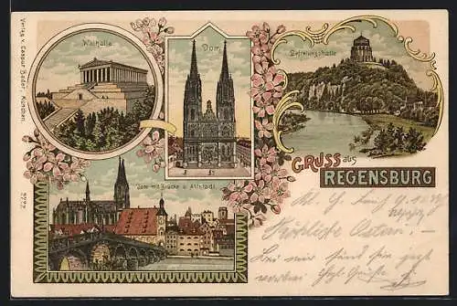 Lithographie Regensburg, Dom, Walhalla, Befreiungshalle