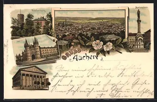 Lithographie Aachen, Ortsansicht, Mariensäule, Kaserne