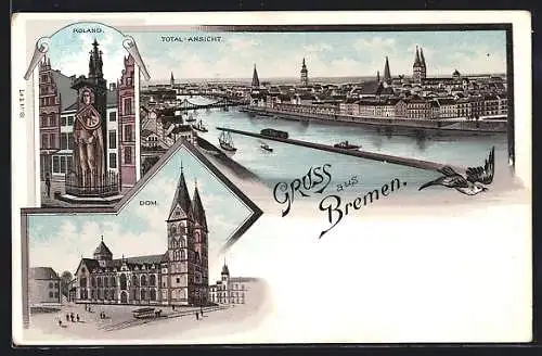 Lithographie Bremen, Roland, Dom, Total-Ansicht