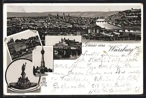 Lithographie Würzburg, Käpple, Franken-Warte, Festung, Luitpoldbrunnen