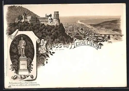 Lithographie Heidelberg, Ortsansicht mit Scheffel Denkmal