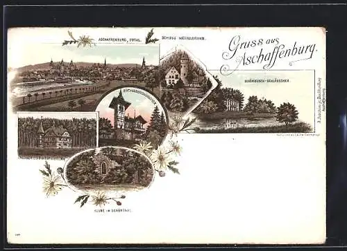 Lithographie Aschaffenburg, Gasthaus Büchelberghäuschen, Ruine im Schönthal, Jagdschloss