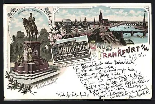 Lithographie Frankfurt a / M., Hôtel Schwan, Kaiser Wilhel I. Denkmal, Teilansicht mit Brücke