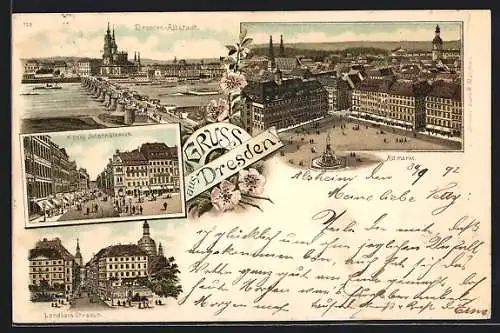 Lithographie Dresden, Altstadtpanorama m. Altmarkt, Landhaus Strasse & König Johann Strasse