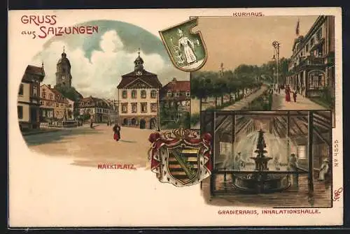 Lithographie Salzungen, Kurhaus, Gradierhaus, Marktplatz, Wappen
