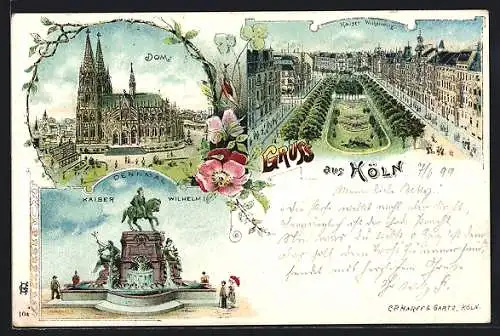 Lithographie Köln, Dom, Kaiser Wilhelmring, Denkmal Kaiser Wilhelm I