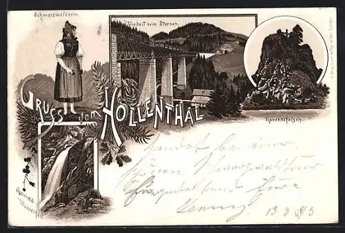 Vorläufer-Lithographie Höllenthal / bad. Schwarzwald, 1893, Viaduct b. Sternen, Ravennafelsen, Schwarzwälderin in Tracht