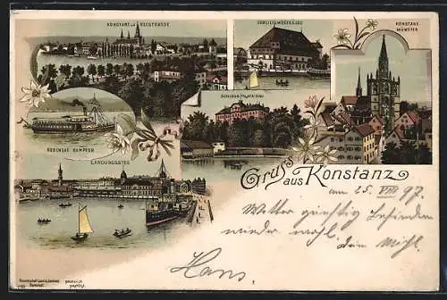 Lithographie Konstanz, Panorama von der Seestrasse, Bodensee Dampfer, Münster & Schloss Mainau