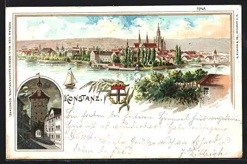 Lithographie Konstanz, Strasse zum Tor, Ortspanorama