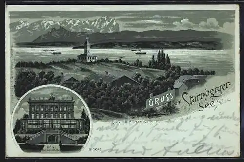 Mondschein-Lithographie Starnberger-See, Hotel Rottmannshöhe, Blick vom Bismarckdenkmal