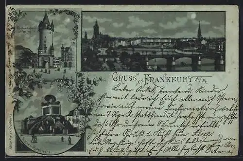 Mondschein-Lithographie Frankfurt a. M., Hessen-Monument, Eschenheimer Turm, Ortsansicht mit Viadukt
