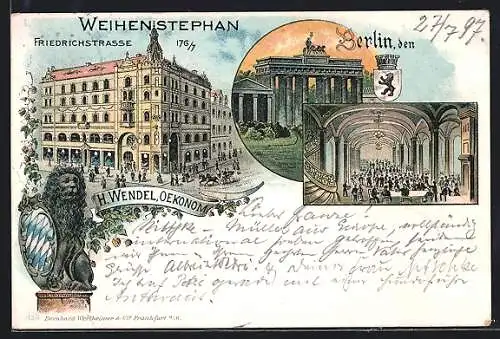 Lithographie Berlin, Gasthaus Weihenstephan, Friedrichstrasse 176-7, Innenansicht, Brandenburger Tor