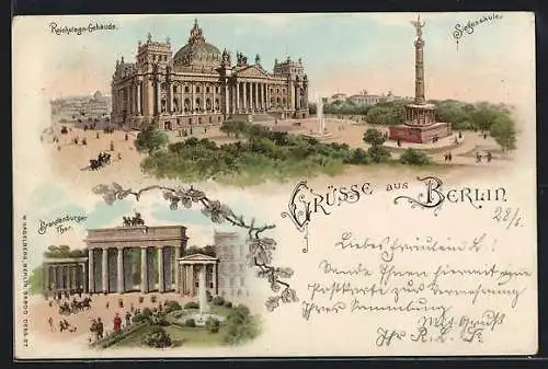 Lithographie Berlin, Reichstags-Gebäude, Siegessäule, Brandenburger Tor