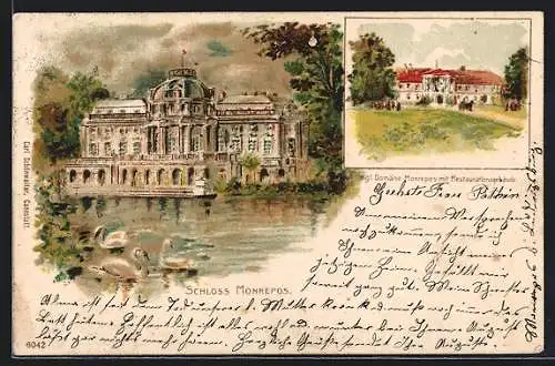 Lithographie Ludwigsburg / Württ., Blick auf Schloss Monrepos, Kgl. Domäne, Monrepos mit Restaurationsgebäude