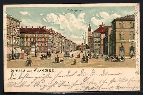 Lithographie München, Passanten in der Ludwigstrasse