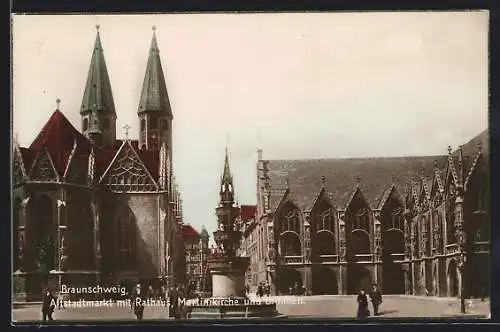 AK Braunschweig, Altstadtmarkt mit Rathaus, Martinikirche und Brunnen