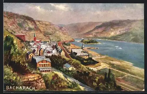 Künstler-AK Bacharach, Ortsansicht von einer Anhöhe