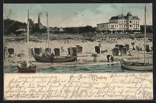 AK Misdroy, Strand mit Hotel Victoria und Kirche