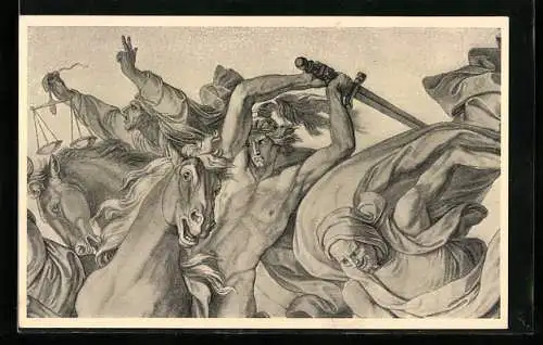 Künstler-AK Kunstwart: Darstellung einer Schlacht und Mann mit Waage